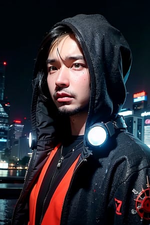 1boy, solo, brown eyes, portrait, looking at viewer, rnhg, Angular features, futuristic clothing, cyberpunk, metallic accessories, glowing cityscape, cold color palette