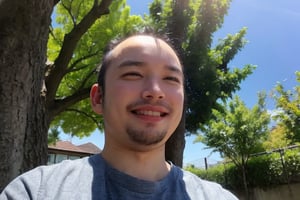 Masterpiece, top quality, high definition, artistic composition, 1 boy, upper body, composition from below, smiling, cotton shirt, looking at me, blue sky, sunlight through trees, casual, portrait, warm, reaching out,rnhg, Baldness, thinning hair