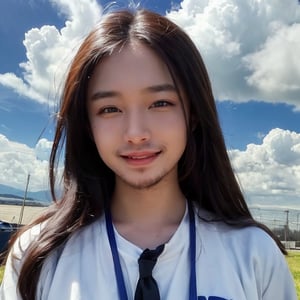 (1boy:1.2), (big smile), beautiful face, Amazing face and eyes, long silky brown hair, wearing white t shirt, delicate, (Best Quality:1.4), (Ultra-detailed), (extremely detailed beautiful face), cute smile, brown eyes, (highly detailed Beautiful face), (summer high school uniform:1.2), (extremely detailed CG unified 8k wallpaper), Highly detailed, High-definition raw color photos, Professional Photography, Realistic portrait, Extremely high resolution, smiling, (Clouds all over the sky, cloudy sky, lots of clouds:1.5), (cloudy day:1.5), half figure