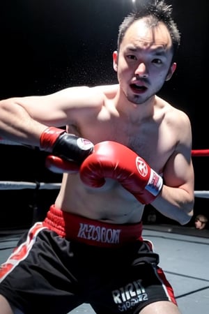 1boy, solo, brown eyes, portrait, rnhg, male kickboxer, muscular, fighting stance, intense expression, boxing gloves, shorts, sweat, action pose, gym background, dynamic lighting, motion blur, (Thinning hair baldness)