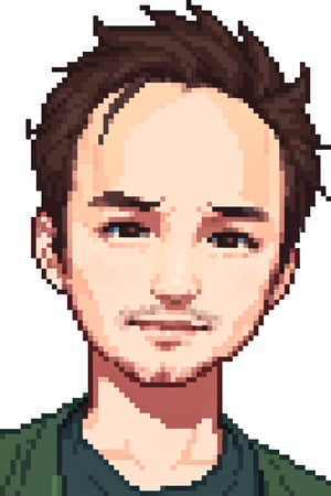 1boy, solo, looking at viewer, simple background, shirt, brown eyes, upper body, lips, portrait, (thin hair), wide forehead, little bald, short hair, rnhg,Pixel art