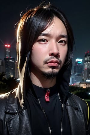 1boy, solo, brown eyes, portrait, looking at viewer, rnhg, Angular features, futuristic clothing, cyberpunk, metallic accessories, glowing cityscape, cold color palette