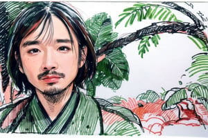 solo, looking at viewer, black hair, 1boy, closed mouth, upper body, male focus, japanese clothes, tree, leaf, traditional media, facing viewer, realistic, rnhg ,sketch art,watercolor,rha30,fujimotostyle, (Thinning hair baldness)