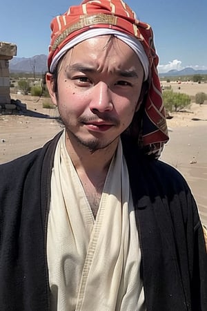 1boy, solo, brown eyes, lips, portrait,  wide forehead, rnhg , A man wearing a headscarf, traditional, cultural, ornate patterns, flowing robes, rich colors, intricate embroidery, desert, rugged, confident, timeless, ancient