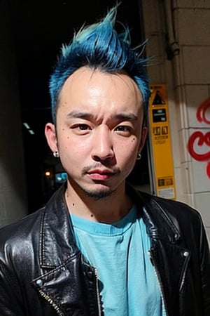 1boy, solo, brown eyes, lips, portrait,  wide forehead, rnhg , neon blue hair, dramatic mohawk, black leather jacket, colorful patches, studs, bold rings, nose piercing, graffiti-covered alleyway