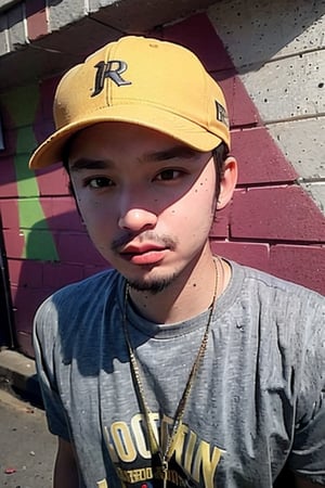 1boy, solo, brown eyes, lips, portrait, rnhg, Hip Hop, Graphic T-shirt, Gold Chains, Baseball Cap, Urban Graffiti Background, Confident Pose, Street Art