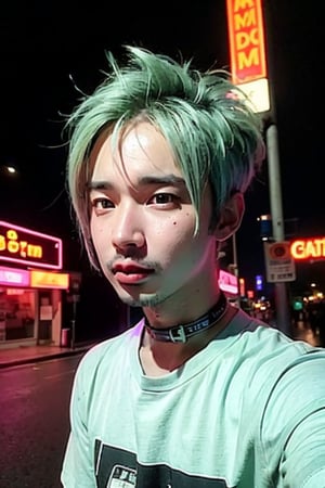 1boy, solo, brown eyes, lips, portrait,  wide forehead, rnhg , pastel pink hair, pastel green hair, messy style, oversized graphic t-shirt, choker, layered bracelets, vibrant city street, neon signs