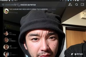 1boy, solo, brown eyes, portrait, looking at viewer, rnhg, (Thinning hair baldness), fake screenshot, phone screen, 
 RGB, male streamer, live chat overlay, En plein air, External distribution