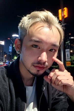 1boy, solo, brown eyes, lips, portrait,  wide forehead, rnhg , platinum blonde hair, sleek undercut, metallic bomber jacket, fingerless gloves, bold earrings, high-tech cityscape