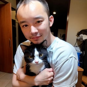 1boy, solo, brown eyes, portrait, rnhg, hugging a cat to his chest with both hands. (Thinning hair baldness), 