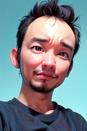 1boy, solo, looking at viewer, light blue background, shirt, brown eyes, upper body, lips, portrait, (thin hair), wide forehead, little bald, short hair, rnhg