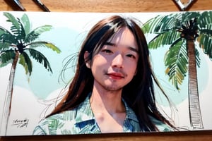 solo, looking at viewer, black hair, 1boy, closed mouth, upper body, male focus, Smooth Long Hair, aloha shirt, palm trees, sandy beach, traditional media, facing viewer, realistic, rnhg ,sketch art,watercolor,rha30,fujimotostyle, 