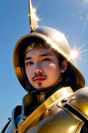 1boy, solo, brown eyes, portrait, looking at viewer, rnhg, golden armor, pose symbolizing courage, under the shining sun, paladin staring at the battlefield, sacred symbol