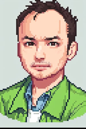 1boy, solo, looking at viewer, simple background, shirt, brown eyes, upper body, lips, portrait, (thin hair), wide forehead, little bald, short hair, rnhg,Pixel art