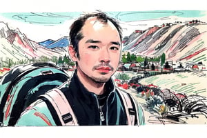 solo, looking at viewer, black hair, 1boy, closed mouth, upper body, male focus,, summit, landscape, mountain range, clear sky,  backpack, windbreaker, traditional media, facing viewer, realistic, rnhg ,sketch art,watercolor,rha30,fujimotostyle, (Thinning hair baldness)