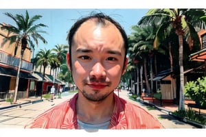 solo, looking at viewer, black hair, 1boy, closed mouth, upper body, male focus,, aloha shirt, palm trees, sandy beach, traditional media, facing viewer, realistic, rnhg ,sketch art,watercolor,rha30,fujimotostyle, (Thinning hair baldness)