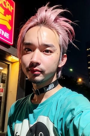 1boy, solo, brown eyes, lips, portrait,  wide forehead, rnhg , pastel pink hair, pastel green hair, messy style, oversized graphic t-shirt, choker, layered bracelets, vibrant city street, neon signs