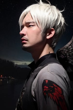 boy, solo, brown eyes, portrait, Dark seraph, male, red and black wings, intense eyes, battle-worn, night sky, ominous clouds, fierce and sorrowful, white hair