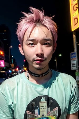 1boy, solo, brown eyes, lips, portrait,  wide forehead, rnhg , pastel pink hair, pastel green hair, messy style, oversized graphic t-shirt, choker, layered bracelets, vibrant city street, neon signs