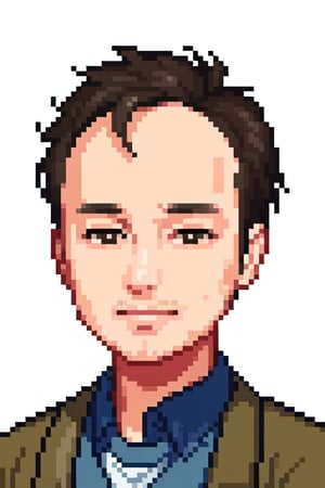 1boy, solo, looking at viewer, simple background, shirt, brown eyes, upper body, lips, portrait, (thin hair), wide forehead, little bald, short hair, rnhg,Pixel art
