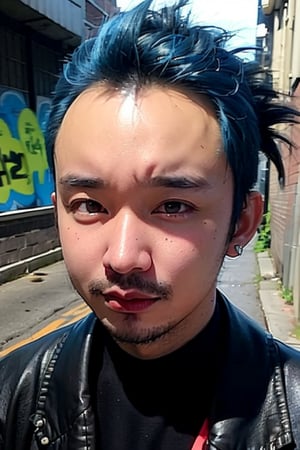 1boy, solo, brown eyes, lips, portrait,  wide forehead, rnhg , neon blue hair, dramatic mohawk, black leather jacket, colorful patches, studs, bold rings, nose piercing, graffiti-covered alleyway