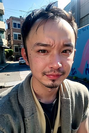 1boy, solo, brown eyes, portrait, looking at viewer, rnhg, (bobcut), 
urban setting, street fashion, confident pose, cityscape background, trendy clothing, graffiti walls