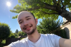 Masterpiece, top quality, high definition, artistic composition, 1 boy, upper body, composition from below, smiling, cotton shirt, looking at me, blue sky, sunlight through trees, casual, portrait, warm, reaching out,rnhg, Baldness, thinning hair