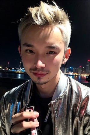 1boy, solo, brown eyes, lips, portrait,  wide forehead, rnhg , platinum blonde hair, sleek undercut, metallic bomber jacket, fingerless gloves, bold earrings, high-tech cityscape