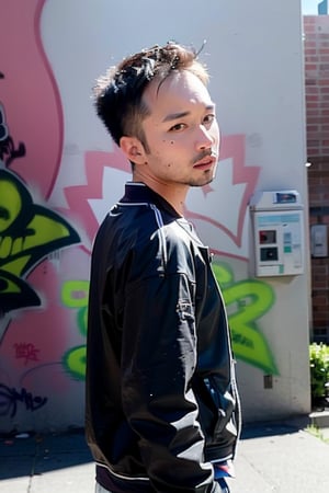 1boy, solo, brown eyes, portrait, looking at viewer, rnhg, (bobcut), 
urban setting, street fashion, confident pose, cityscape background, trendy clothing, graffiti walls