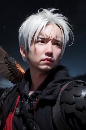 boy, solo, brown eyes, portrait, Dark seraph, male, red and black wings, intense eyes, battle-worn, night sky, ominous clouds, fierce and sorrowful, white hair