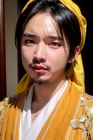 1boy, solo, brown eyes, lips, portrait,  wide forehead, rnhg , yellow headscarf, traditional attire, embroidered robe, ornate jewelry, rings, cultural, exotic, historical, regal, vibrant colors, ceremonial