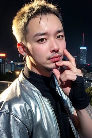 1boy, solo, brown eyes, lips, portrait,  wide forehead, rnhg , platinum blonde hair, sleek undercut, metallic bomber jacket, fingerless gloves, bold earrings, high-tech cityscape