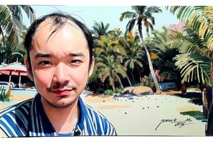 solo, looking at viewer, black hair, 1boy, closed mouth, upper body, male focus,, aloha shirt, palm trees, sandy beach, traditional media, facing viewer, realistic, rnhg ,sketch art,watercolor,rha30,fujimotostyle, (Thinning hair baldness)