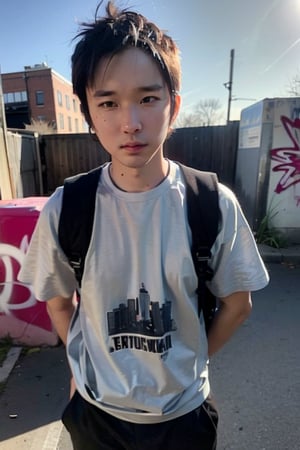 1boy, solo, brown eyes, portrait, looking at viewer, rnhg, (bobcut), 
urban setting, street fashion, confident pose, cityscape background, trendy clothing, graffiti walls