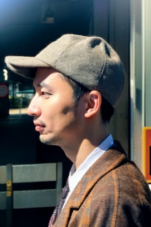 man, Portrait, hunting hat, vintage style, tweed jacket, retro background, black and white photography style, old streetscape, natural light