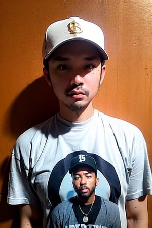 1boy, solo, brown eyes, lips, portrait, rnhg, Hip Hop, Graphic T-shirt, Gold Chains, Baseball Cap, Urban Graffiti Background, Confident Pose, Street Art