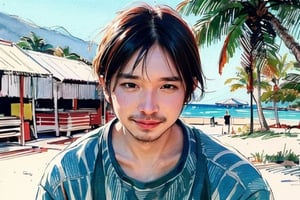 solo, looking at viewer, black hair, 1boy, closed mouth, upper body, male focus,, aloha shirt, palm trees, sandy beach, traditional media, facing viewer, realistic, rnhg ,sketch art,watercolor,rha30,fujimotostyle, (Thinning hair baldness)