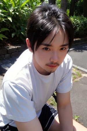 solo, looking at viewer, shirt, black hair, 1boy, jewelry, white shirt, upper body, short sleeves, male focus, outdoors, day, black eyes, bracelet, tree, realistic, bead bracelet, photo background, Thinning hair baldness