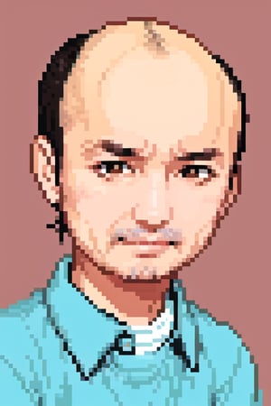 1boy, solo, looking at viewer, simple background, shirt, brown eyes, upper body, lips, portrait, (thin hair), wide forehead, little bald, short hair, rnhg,Pixel art