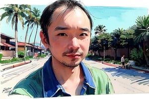 solo, looking at viewer, black hair, 1boy, closed mouth, upper body, male focus,, aloha shirt, palm trees, sandy beach, traditional media, facing viewer, realistic, rnhg ,sketch art,watercolor,rha30,fujimotostyle, (Thinning hair baldness)
