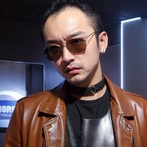 boy, solo, brown eyes, leather jacket, holographic jacket, metallic accessories, choker, sunglasses, earrings, nose ring, avant-garde fashion, ((Thinning hair baldness))