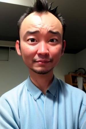 1boy, solo, looking at viewer, simple background, shirt, brown eyes, upper body, lips, portrait, (thin hair), wide forehead, little bald, short hair, rnhg