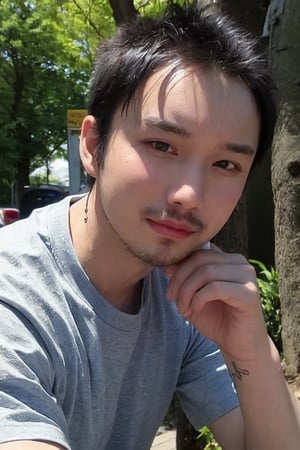 solo, looking at viewer, shirt, black hair, 1boy, jewelry, white shirt, upper body, short sleeves, male focus, outdoors, day, black eyes, bracelet, tree, realistic, bead bracelet, photo background, Thinning hair baldness