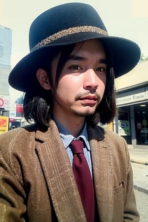 man, Portrait, hunting hat, vintage style, tweed jacket, retro background, black and white photography style, old streetscape, natural light