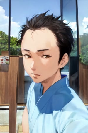 1boy, solo, looking at viewer, simple background, shirt, brown eyes, upper body, lips, portrait, (thin hair), wide forehead, short hair, rnhg,(masterpiece), scenery, ((Kyoto Animation Style))