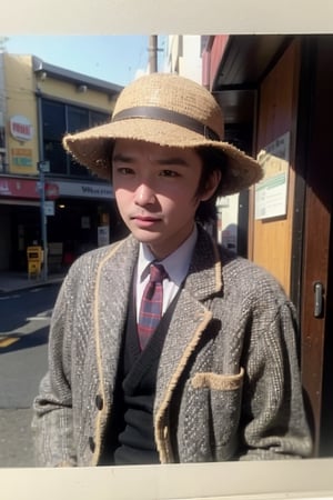 man, Portrait, hunting hat, vintage style, tweed jacket, retro background, black and white photography style, old streetscape, natural light