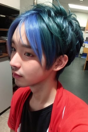 boy, solo, brown eyes, vibrant red hair, electric blue hair, neon green hair, pastel pink hair, gradient hair, spiky hair, asymmetrical cut