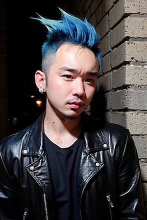 1boy, solo, brown eyes, lips, portrait,  wide forehead, rnhg , neon blue hair, dramatic mohawk, black leather jacket, colorful patches, studs, bold rings, nose piercing, graffiti-covered alleyway