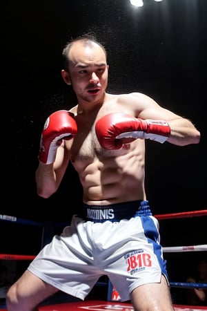 1boy, solo, brown eyes, portrait, rnhg, male kickboxer, muscular, fighting stance, intense expression, boxing gloves, shorts, sweat, action pose, gym background, dynamic lighting, motion blur, (Thinning hair baldness)