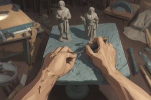 real hands using chisel and tools to carve statue of greek man in studio, pov hands, hands_pov, left and right hand, statue, 2 hands, pov_hands, hand_holding_chisel, greek statue,hands